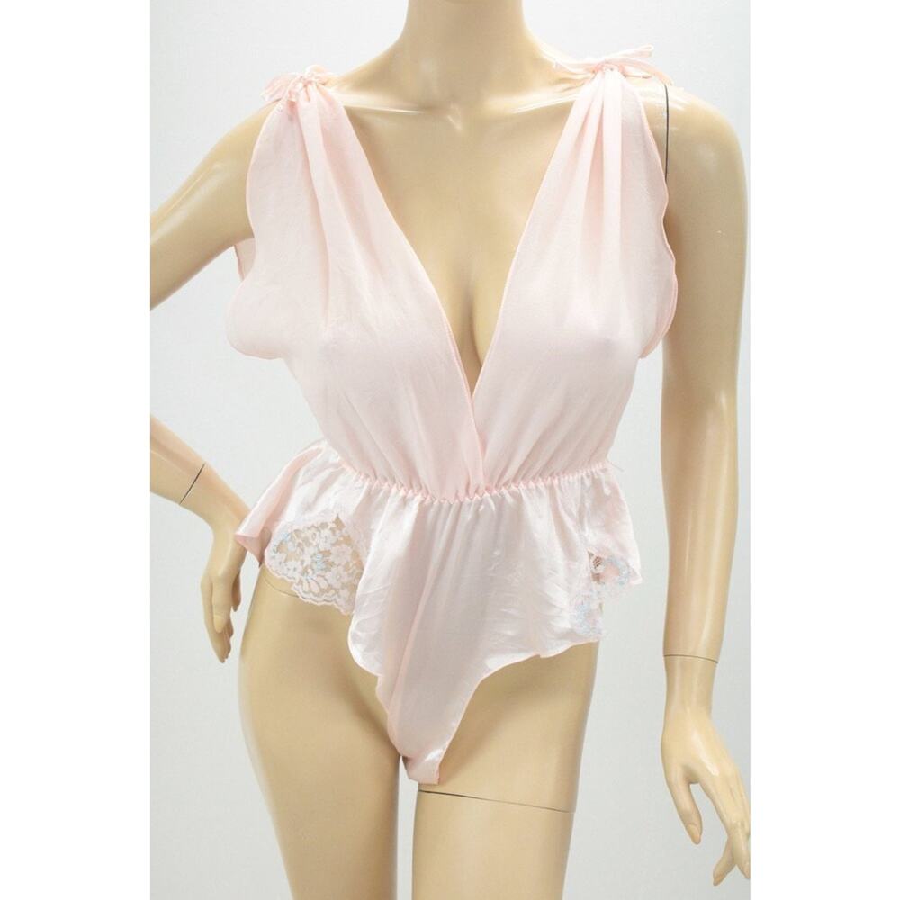 Vtg Private Moments Teddy Small High Leg Flutter Chiffon Satin Polyester Pink